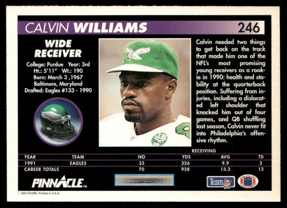 1992 Pinnacle #246 Calvin Williams - Image 2 of 2