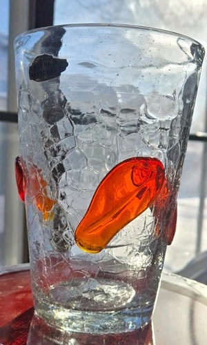 Large Blenko MCM Vase Signed 2X Hand Blown Art crackle Glass Urn Red Tangerine