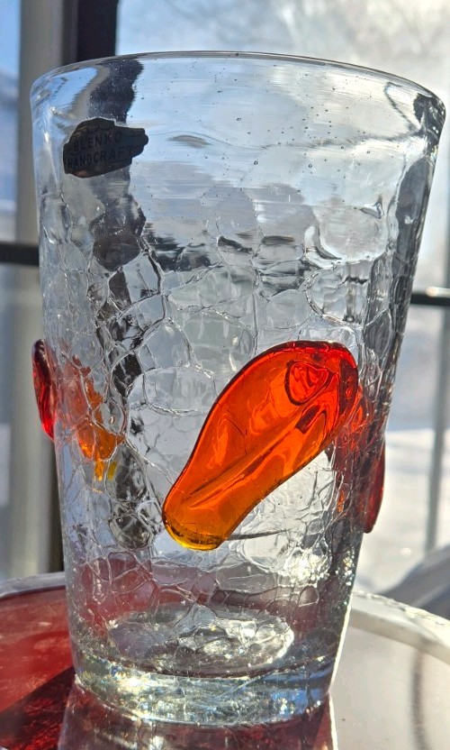 Signed MCM Blenko Hand Blown Art crackle crystal Glass Vase Red Tangerine 