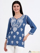 Blue Rayon Chikankari Short Kurta, Handmade Lucknowi Chikankari Tunic Top