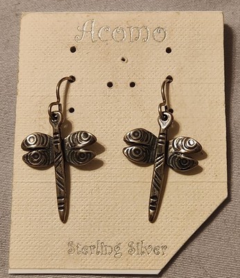 ACOMO Sterling Silver 925 Tribal Dragonfly Dangle Drop Earrings Hook Oxidized