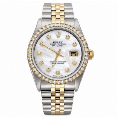 36mm Rolex Datejust 1601 Jubilee White MOP Dial 3.30Ct Diamond Bezel Watch