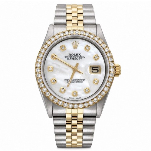 36mm Rolex Datejust 1601 Jubilee White MOP Dial 3.30Ct Diamond Bezel Watch