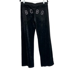 Y2K BCBGmaxazria Velour Rhinestone Logo Straight Leg Pants Black Size Large