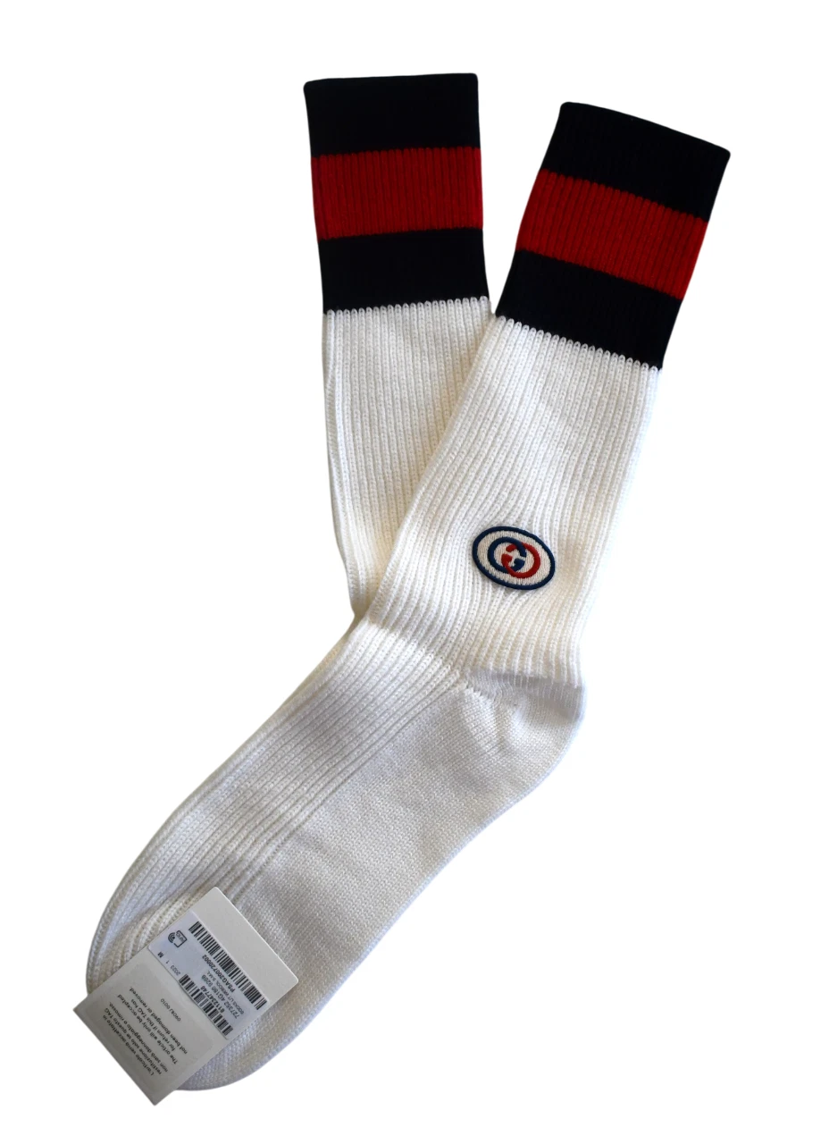 🆕️GUCCI White Blue/Red WEB GG 100% WOOL Rib Mid-Calf Men's Socks M/11/24-26cm