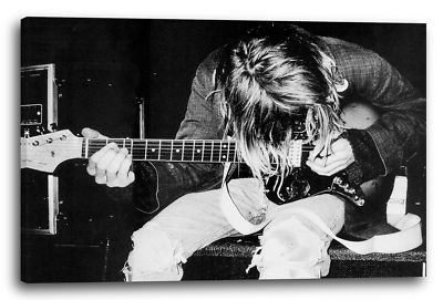 Lein-Wand-Bild: Kurt Cobain mit Gitarre Grunge-Legende schwarz weiss Nirvana