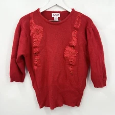VTG Shapely Knits Sweater Beaded 3/4 Sleeve Pullover Silk Nylon Angora Red Med