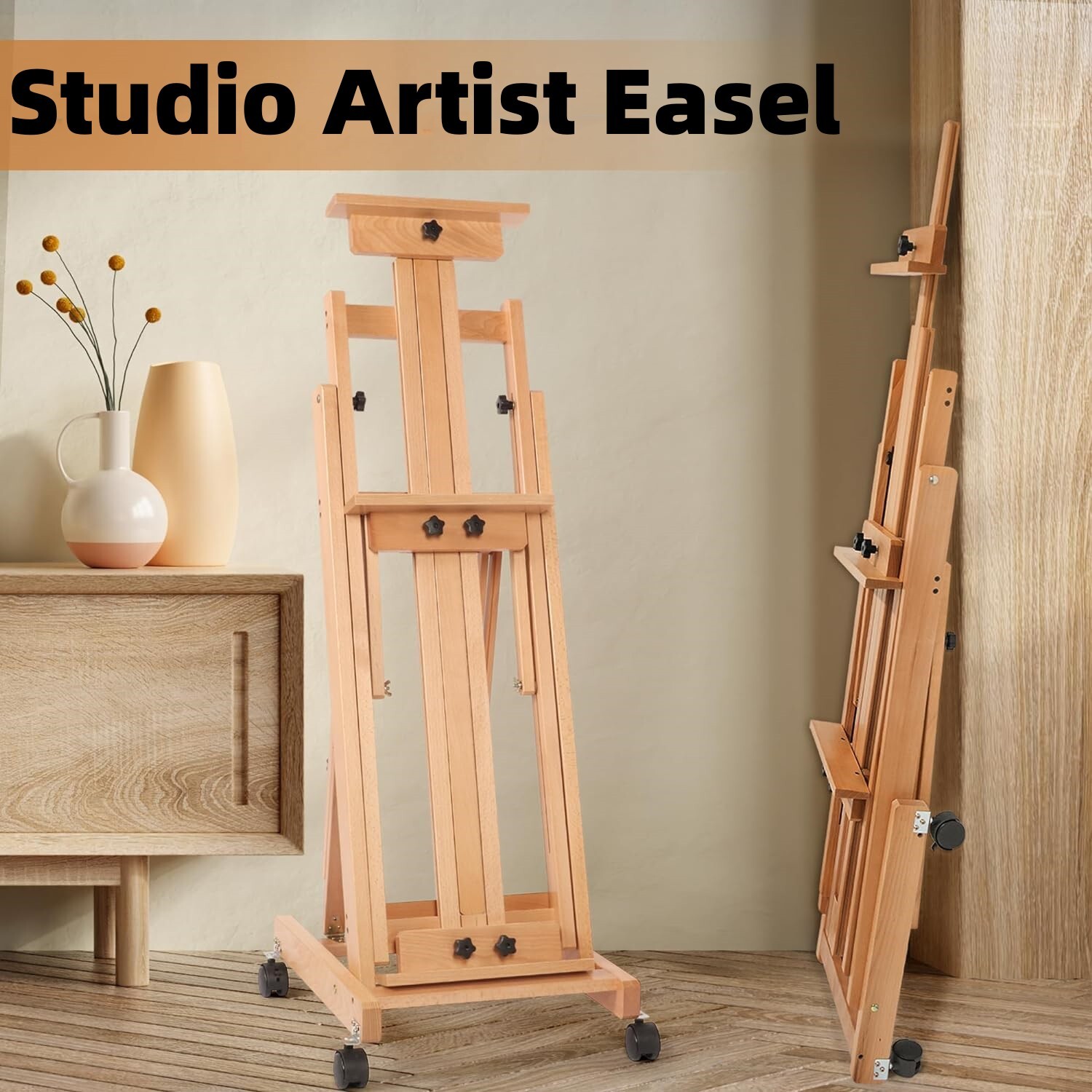 87 Inch Wood Studio Artist Easel Beech Wood Painting Art Easel Standing H-Frame