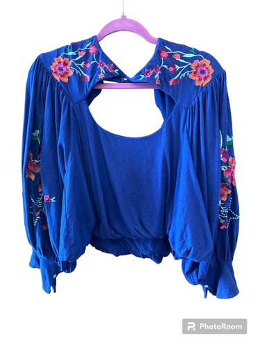 Free People Lita Floral Embroidered Blouse Sz XS Top Balloon Sleeve Cotton Linen
