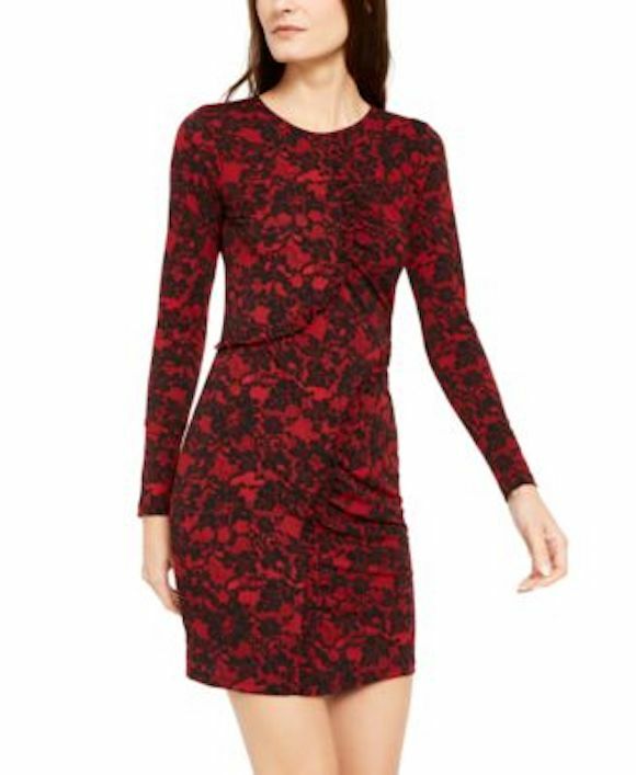 Michael Kors Red Lace Print Ruffle Detail Long Sleeve Stretch