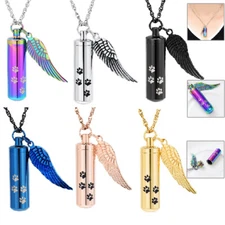 Wing Cylinder Paw Print Pet Memory Necklace for Dog Cat Cremation Ashes Keepsake