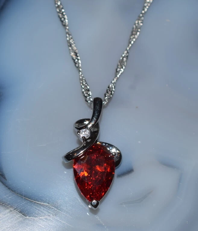 Collar Gota de Agua Cristal Rojo Cadena Giratoria Llena de Oro Blanco 18"+2" Extensión Langosta Foto 2 de 4