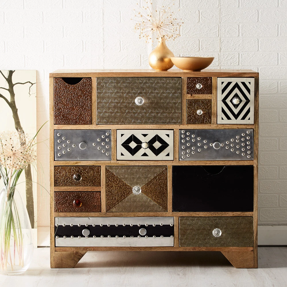 Modern Artisan Unique Design Reclaimed Wood 14 Drawers Chest for Living Room