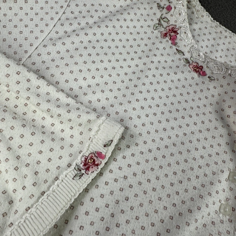 Camisón Aria Mujer L Pijama Top Blanco Lunares Borde Floral Botón Delantero Foto 2 de 4
