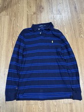 Ralph Lauren Polo Shirt Men L Blue Custom Slim Striped Long Sleeve Rugby Preppy