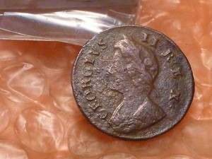 Original 1731 George II Colonial Farthing Type '1' Helmet Head Detector Find #A