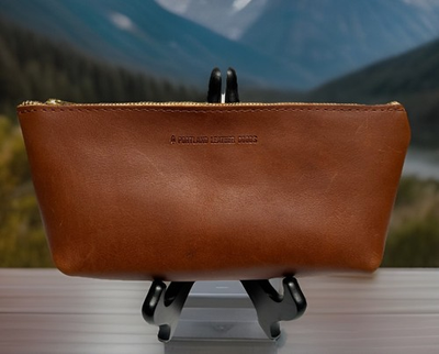 #ad Portland Leather Goods Utility Bag Zip Pouch Makeup Purse Wallet Clutch Cognac $39.99