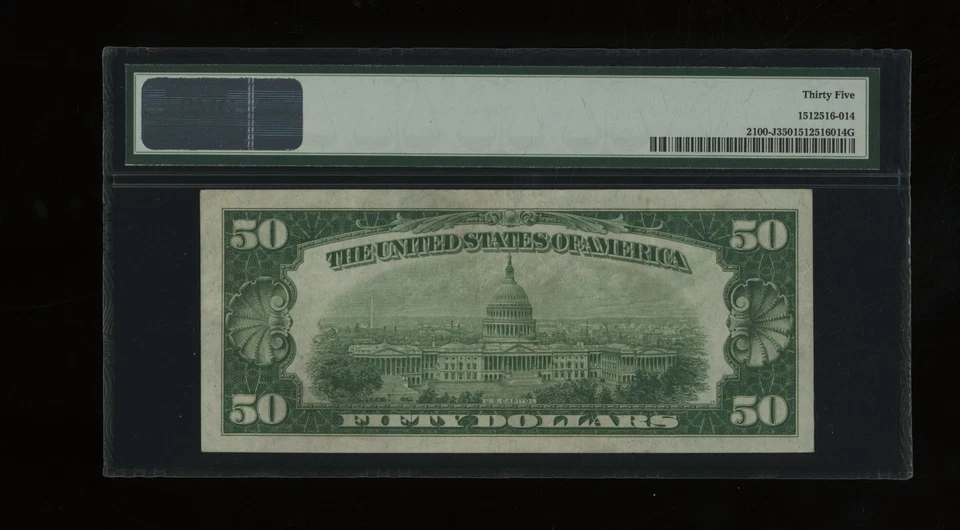 DBR 1928 $50 Kansas City Numeral Fr. 2100-J PMG 35 Serial J00041625A - Image 2 of 2