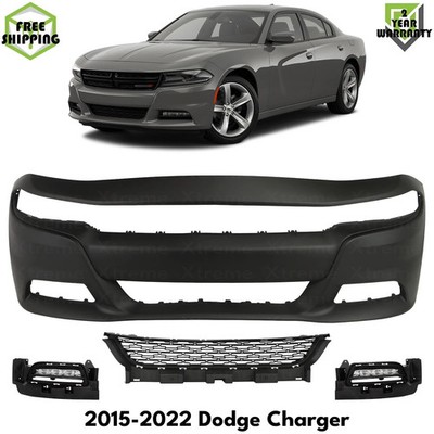 Front Bumper Cover Primed Plastic & Fog Lights Kit For 2015-2022 Dodge Charger