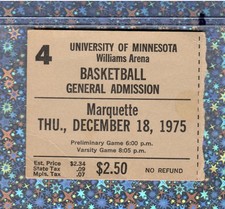 MN Golden Gophers Basketball Ticket Stub 12-18-1975 Marquette Mychal Thompson