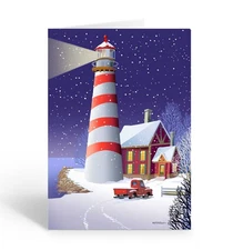 Lighthouse & Cottage Scene Christmas Card - 12 Cards w/Envelopes - 6.25" x 4.25"
