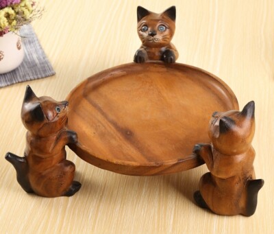 Wood Cat Serving Tray Food Ffruit Dishes Platter Plate Home Decor