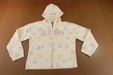 Old Navy Girls Size XL 14-16 Cream Hearts Logo-Graphic Full Zip Hoodie NWT