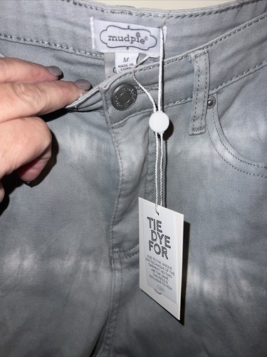 Mud Pie Gray White Tie Dye Stretch Fringe Bottom Size Medium Jeans Button Zip - Picture 6 of 10