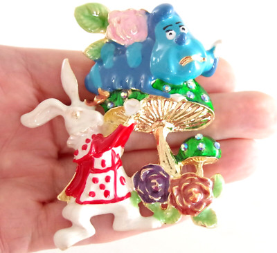 BIG HEAVY 3'' NEW DESIGNER STYLE WHITE RABBIT ALICE IN WONDERLAND MUSHROOM BROOCH