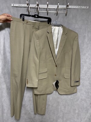 NWT Bachrach Suit Men 44R Beige 2B Career Hacking Wool Pants W33 Unhemmed Luxury