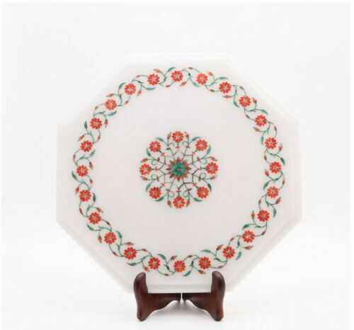 15-inch Marble Corner Table with Floral Inlay & Semi-Precious Stones