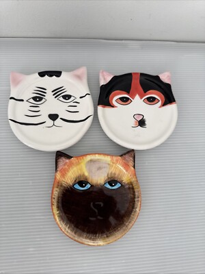 Vtg 2001 Bandwagon Cat Faces Drink Coasters Tea Bage Holder Trinket Dishes...