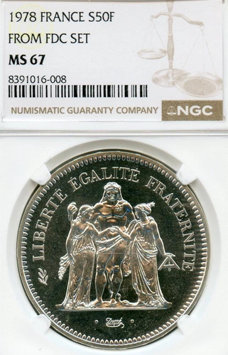 FRANCE 50 FRANCS SILVER CROWN 1978 MS-67 NGC SUPERB GEM FDC