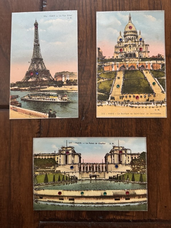 Antique Paris Rhinestone Postcards Eiffel Tower, Sacré-Cœur, Palais de Chaillot