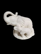 Mother and Baby Vintage Off White Ceramic Good Luck Elephant Figurine 