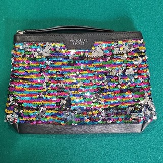 Victoria's Secret Multicolor Sequin Black Makeup Bag Pouch Zipper Lined