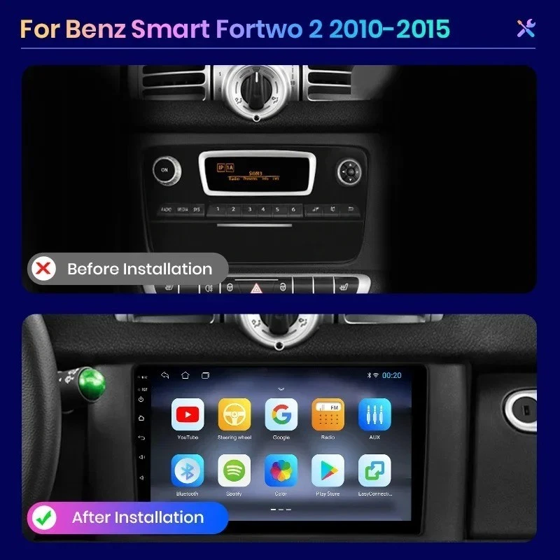 Autoradio Smart Fortwo 451 Stereo 2 Din Wifi Carplay Android Auto Schermo HD 9" - Immagine 2 di 4