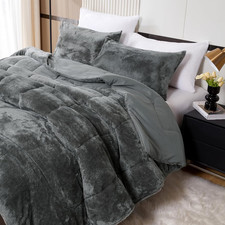 Queen Faux Fur Comforter Set 3 Piece Ultra Soft Plush Fluffy Bedding Dark Grey