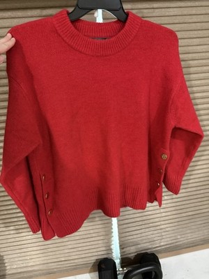 Primark Women's L Red Cotton Knit Crewneck Long Sleeve Pullover Sweater Button