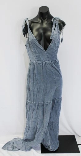 Fashion Nova Women's Keep Up Chambray Tiered Jumpsuit EH6 Medium Wash Large NWT