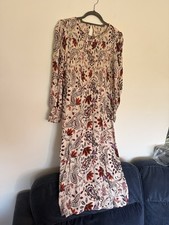 River Island Cream & Red Paisley Smocked Midi Dress Boho Long Sleeve Size 12