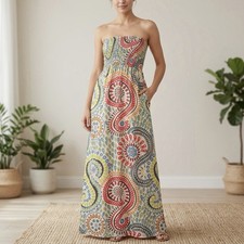 Old Navy Smocked Strapless Maxi Dress Womens M Boho AOP Paisley Festival Resort