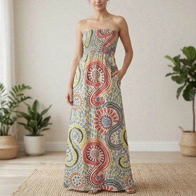 Old Navy Smocked Strapless Maxi Dress Womens M Boho AOP Paisley Festival Resort