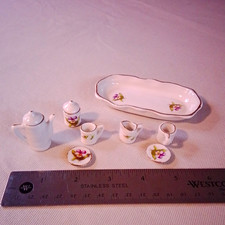 Vintage 1:12 Porcelain Floral Painted Tea  Coffee Set 8pc White/Gold Very Tiny
