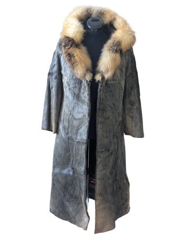 Luxury Ladies Fur Coat Real Fur with Red Fox Hooded Collar Charcoal Grey