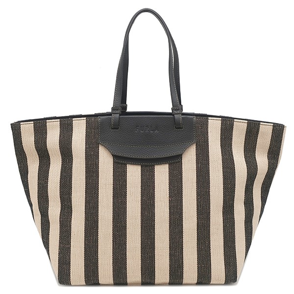 FURLA Tote Bag Meraviglia canvas leather Black x beige Gold Metal Striped