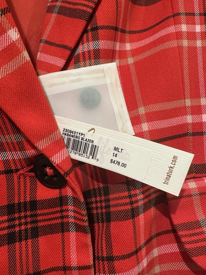 Chaqueta Traje Trina Turk Roja a Cuadros, Nueva Con Etiquetas, BLAZER HABANERO, Talla 14 Foto 2 de 4