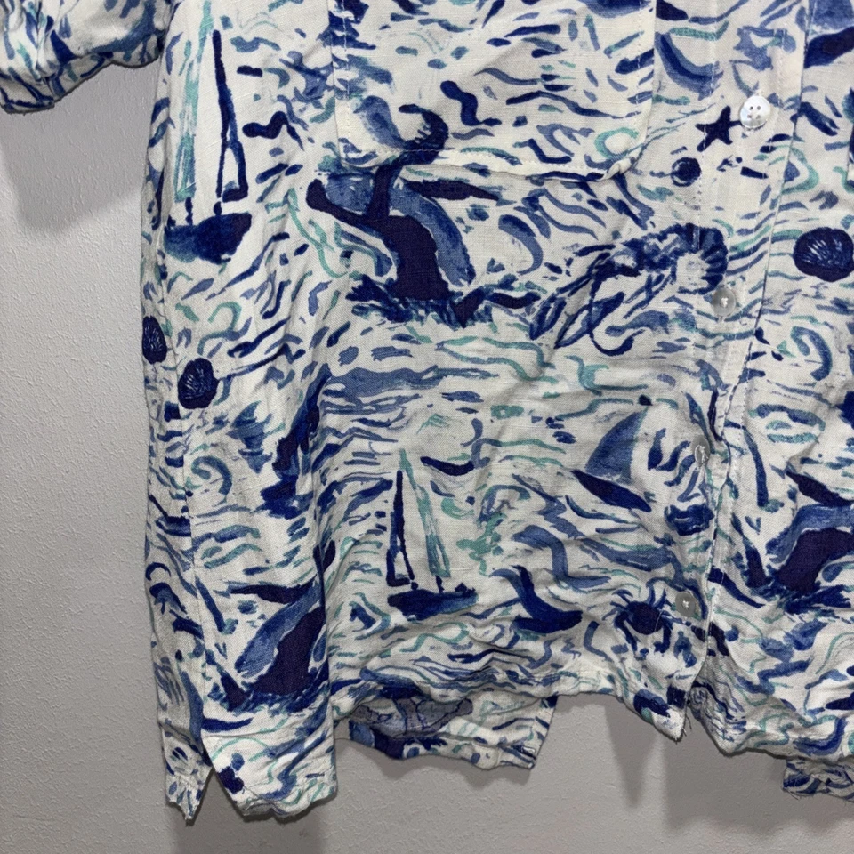 Top Maeve para mujer pequeño azul blanco mezcla de lino surf olas vela playa ballena costera Foto 3 de 4