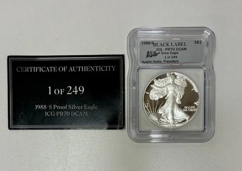 1988-S Proof American Silver Eagle, ICG PR-70 DCAM, Black Label w/ COA