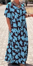 PLUS SIZE BLUE & BROWN FLORAL PRINT LOOSE MAXI DRESS, SIZE 5XL / UK 26, LD485